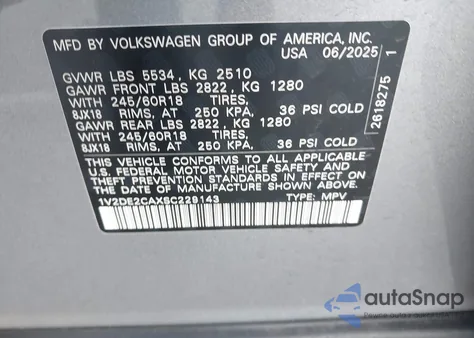 2025 Volkswagen Atlas Cross Sport 2.0T Se z USA, uszkodzony, nr VIN 1V2DE2CAXSC229143